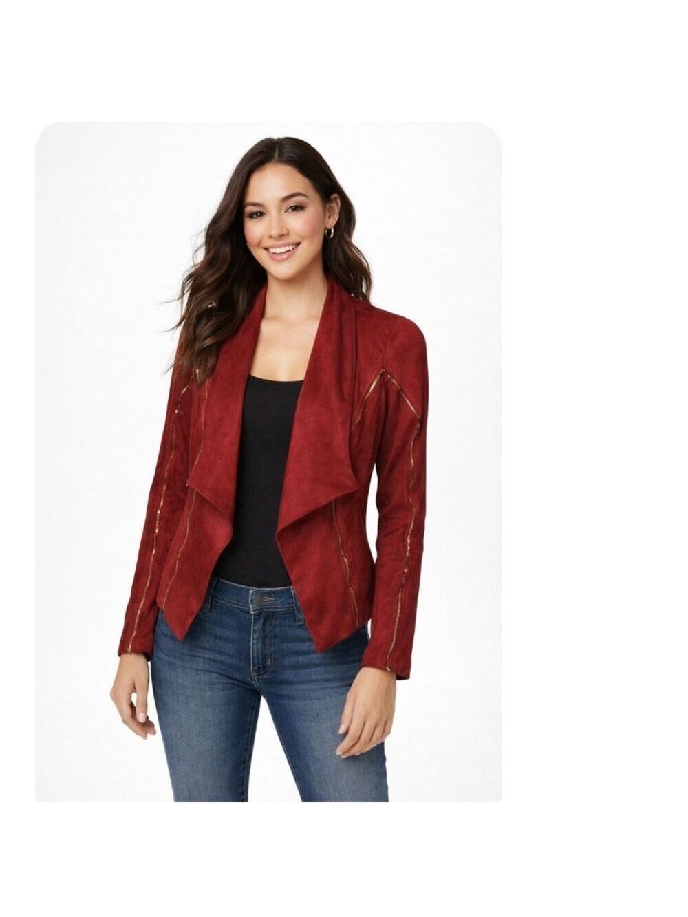 Red Suede Jacket / Blazer Coat with Gold Zippers